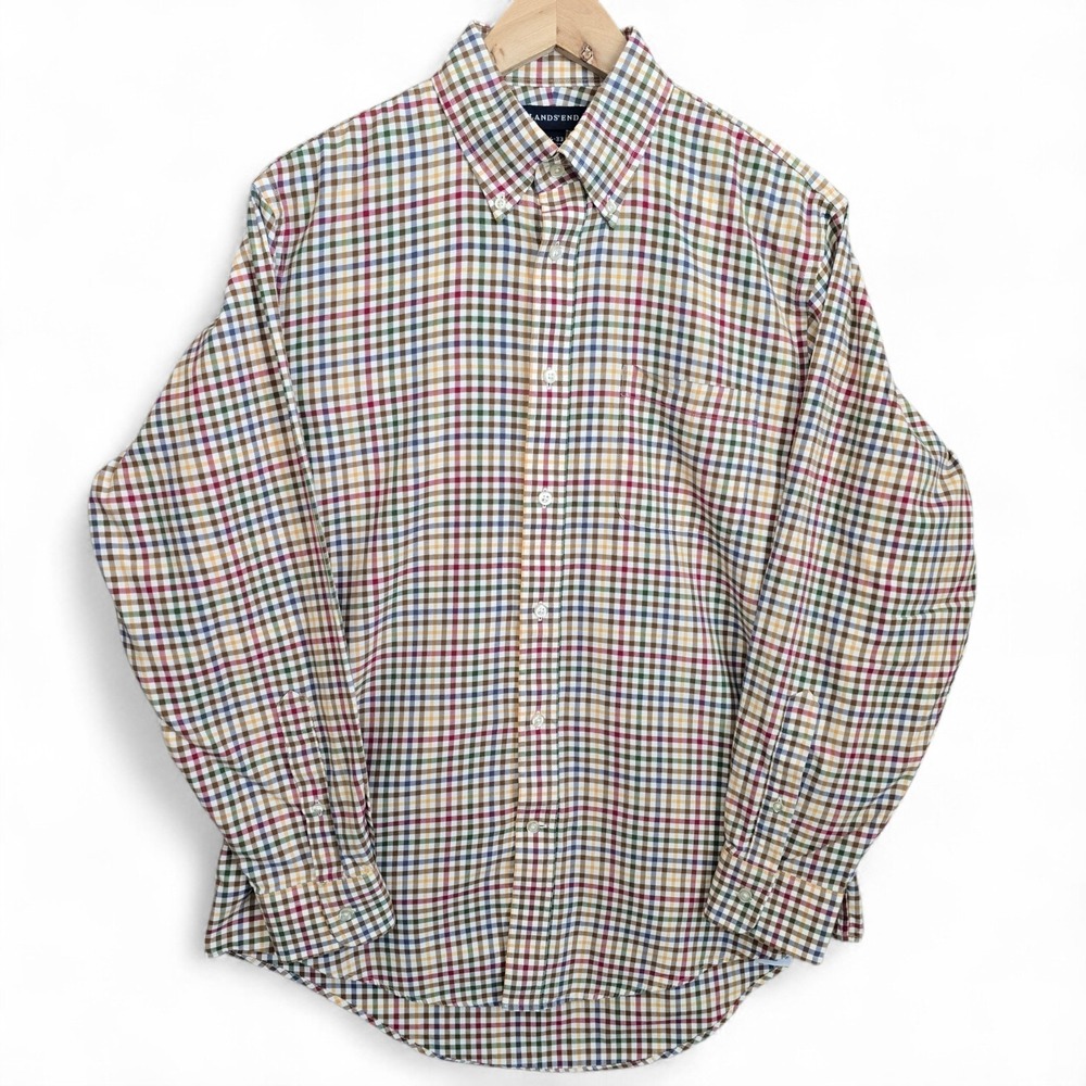 Lands End Shirt Mens 15.5 33 Brown Button Down Plaid Classic Preppy Cotton